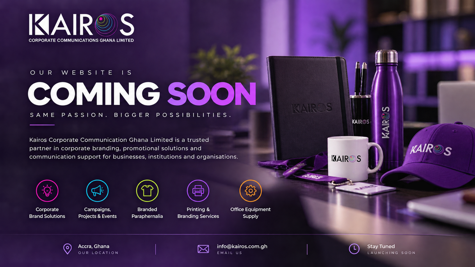 Kairos Coming Soon visual with branded corporate merchandise